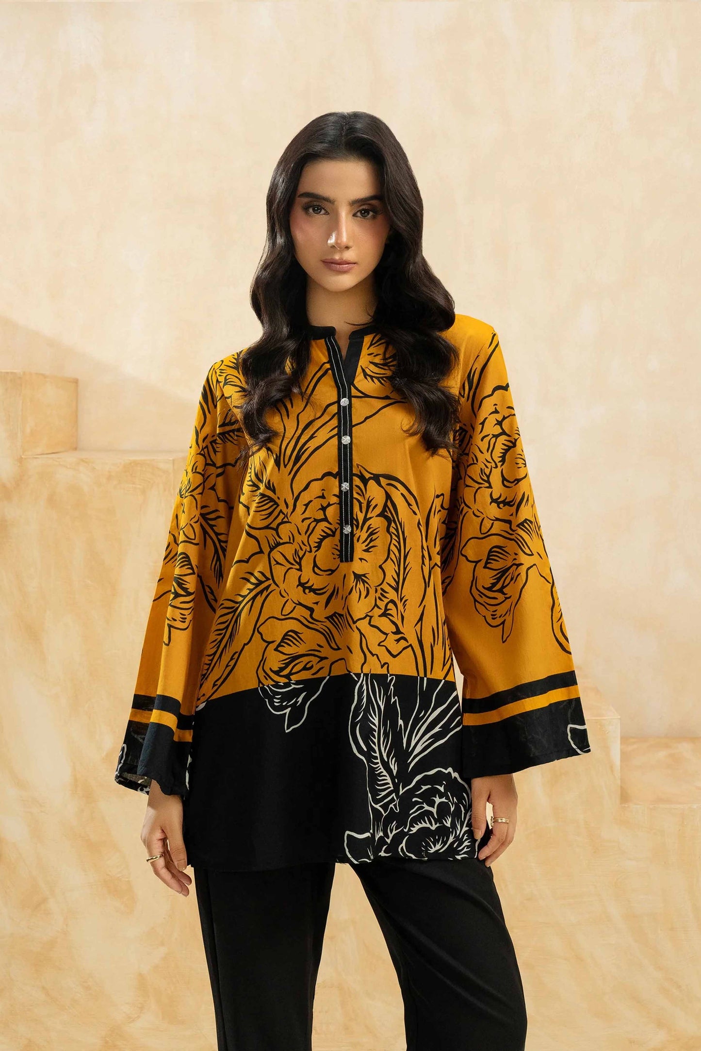 Printed Dress In Black And Mustard 2Pcs - 832