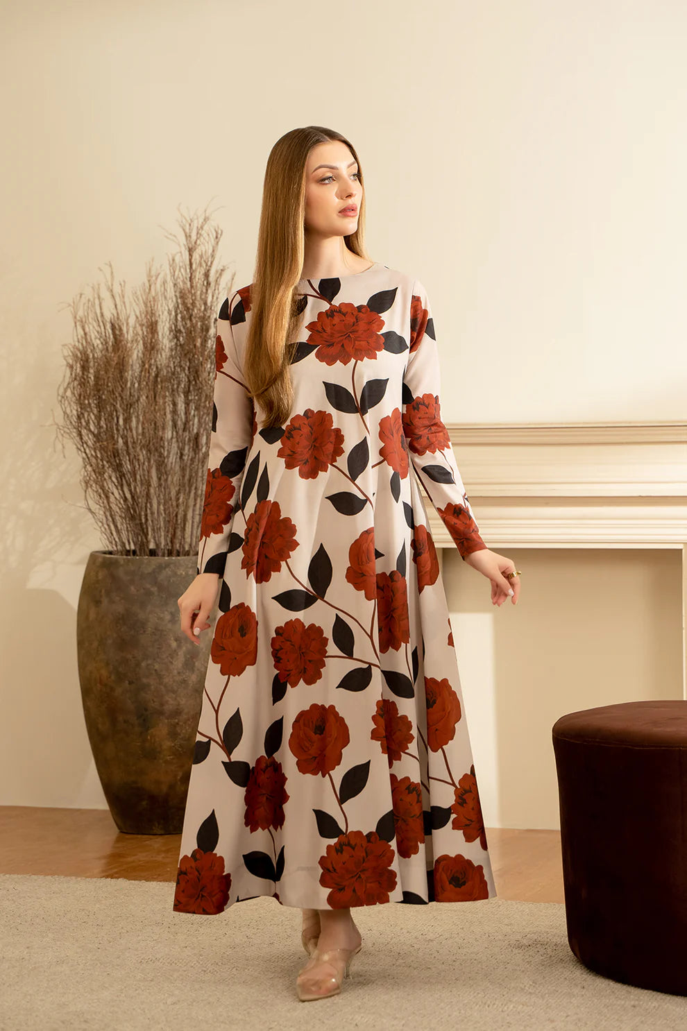 Digital Printed Maxi Dress In Rust & Black - Z812