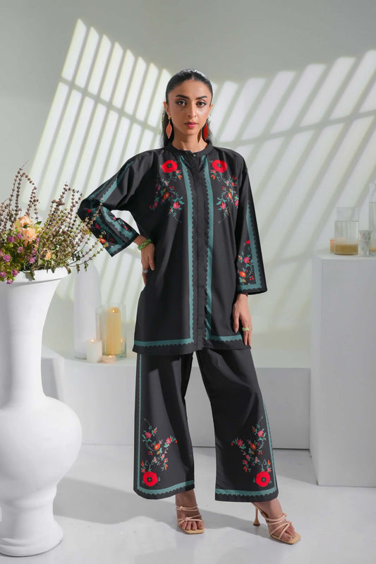 Trending Black Co-Ord Set Digital Printed Poly Lawn- Z822