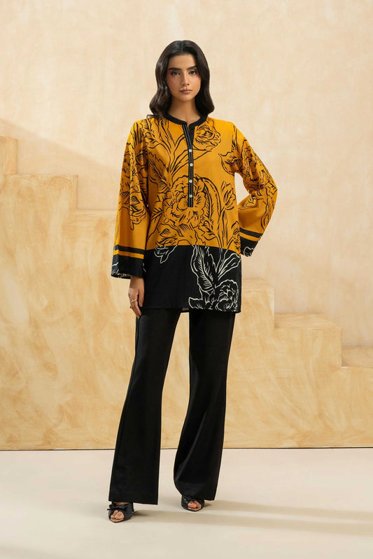 Printed Dress In Black And Mustard 2Pcs - 832