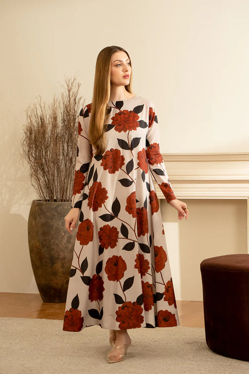 Digital Printed Maxi Dress In Rust & Black 01pc - 812